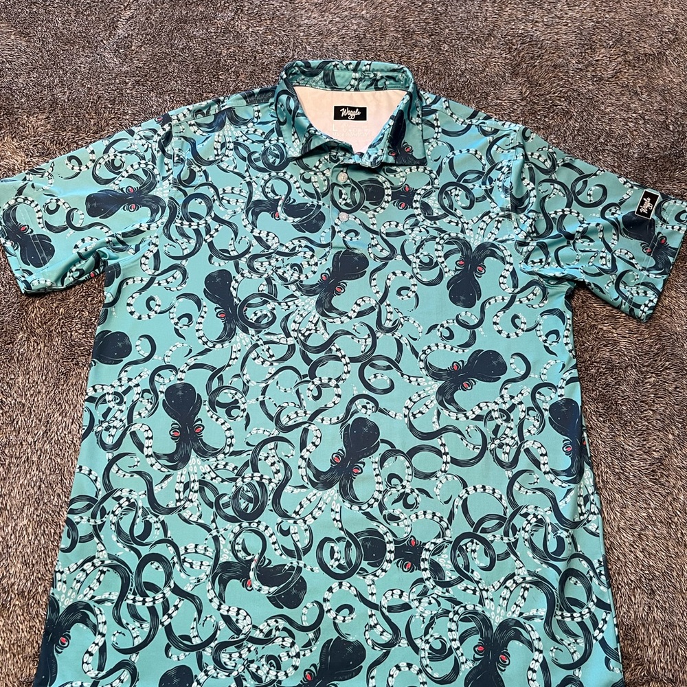Waggle Golf Polo Shirt Mens Large L Release The Kraken Octopus Teal Performance
